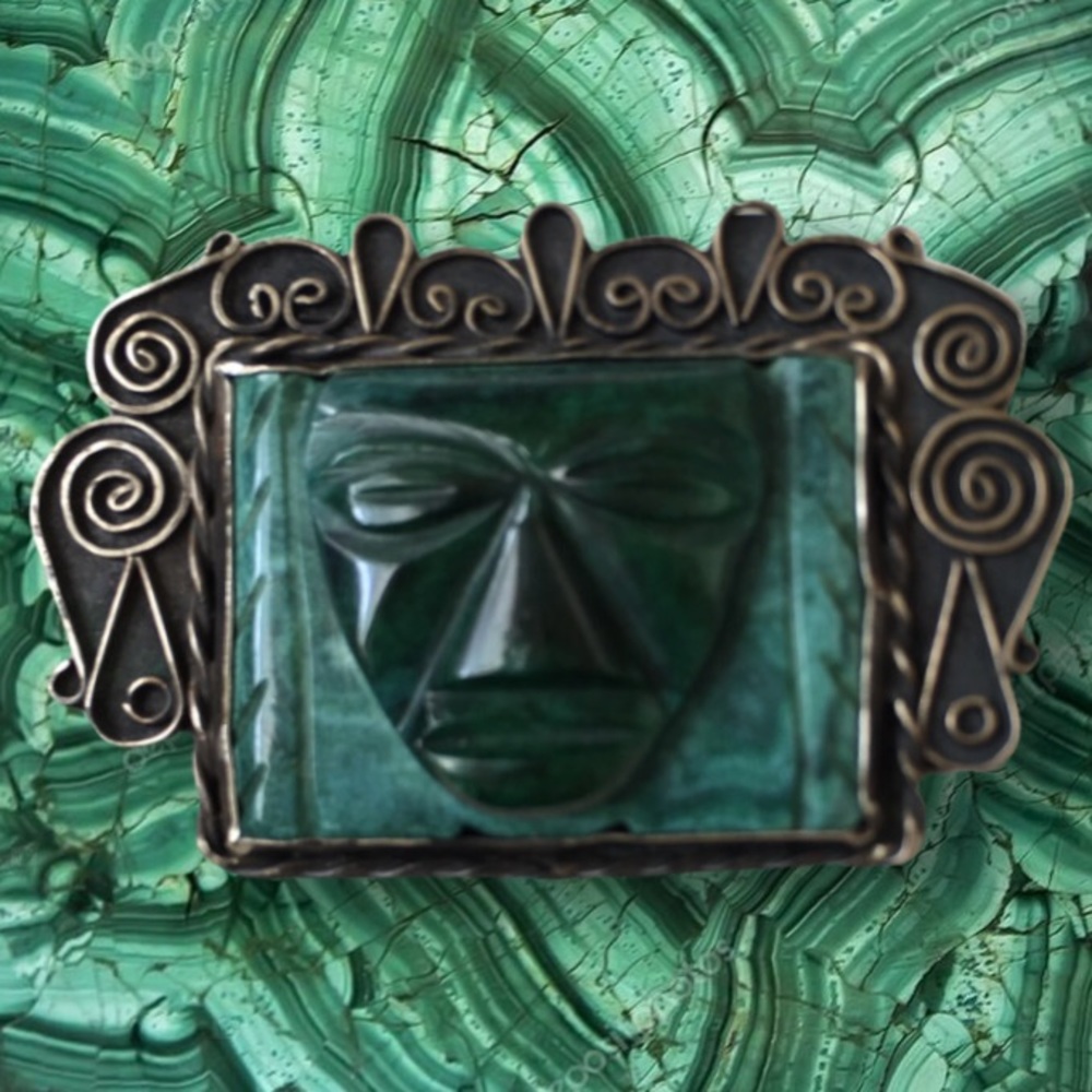 Vintage 40s Mexican Green Malachite Silver Carved Face Brooch Large Mid Century